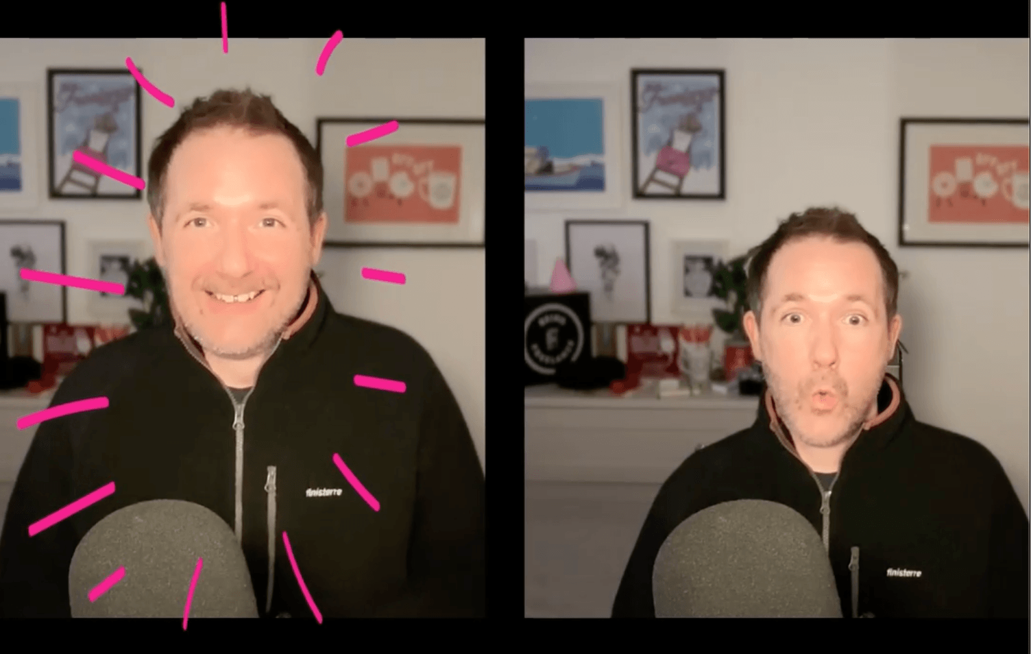 Two side by side examples of Steve Folland on a video call, one he is nice and central, the other he is really low down and to one side